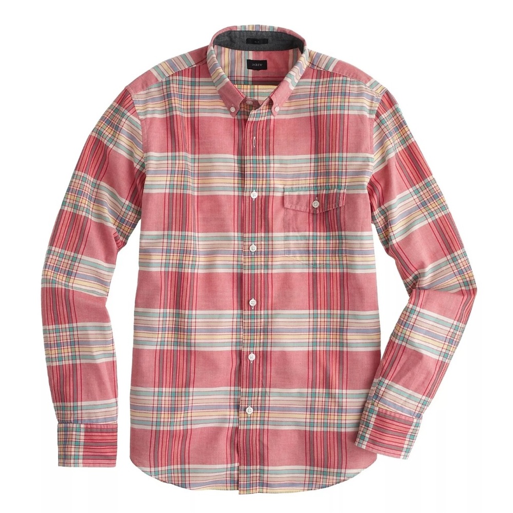 J.Crew Mens Medium Slim Fit Indian Cotton Shirt In Rhone Red Plaid Dress Shirt